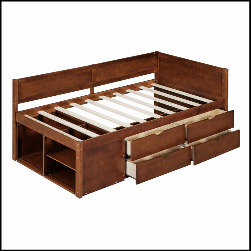 Lit de jour élégant avec tiroirs et tablettes, parfait pour le rangement et pour économiser de l'espace dans les chambres modernes.