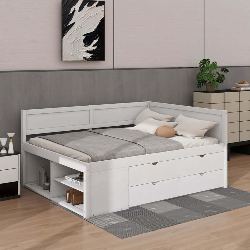 Lit de jour double avec tiroirs et tablettes, Lit double, Blanc