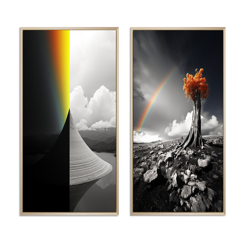 Rainbow Colorful Monotone Landscape II - ensemble de 2 décorations murales abstraites, Encadrement brun, H 32 po x l 32 po