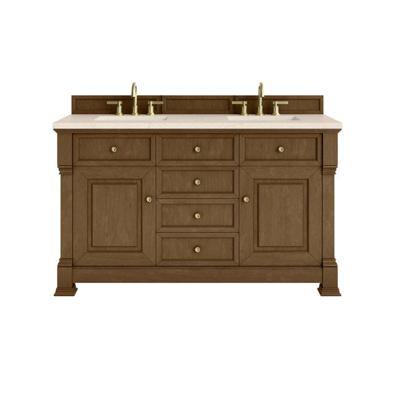 Brookfield 60'' W Double Vanity, Carrara White, Widespread, Honey Oak