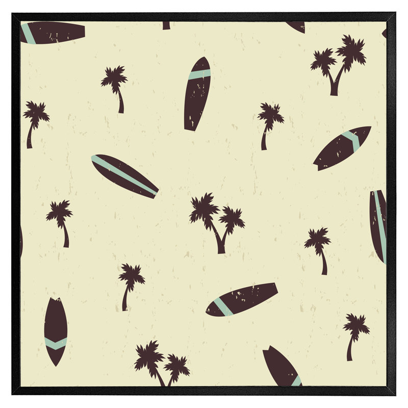 Dabbs Surf Board And Palm Silhouettes - Single Picture Frame Print, 31cm H x 31cm W x 4cm D, Black Framed