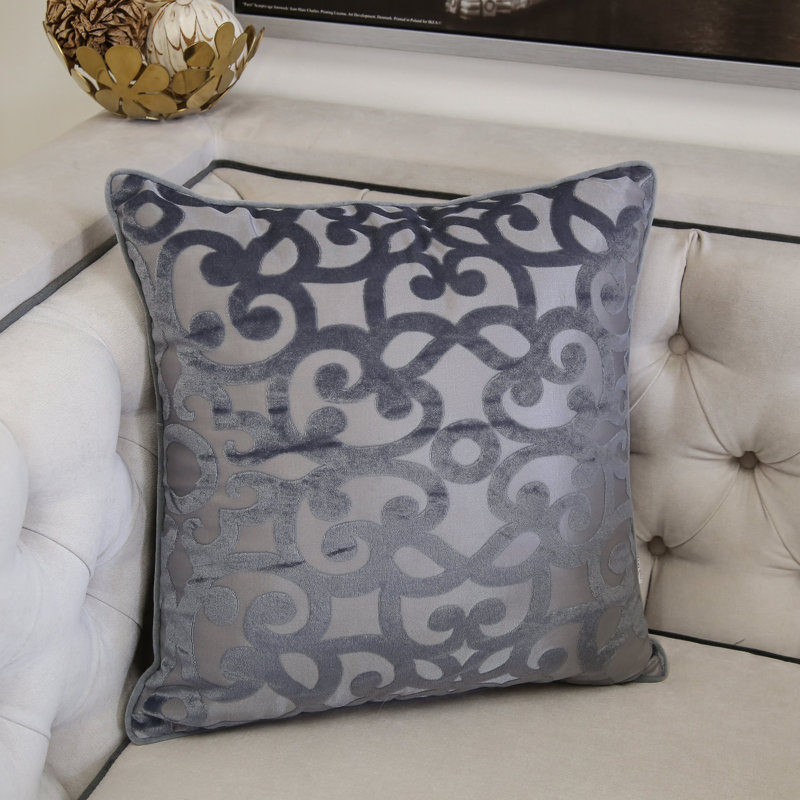 Damask Velvet Throw Pillow, Gray