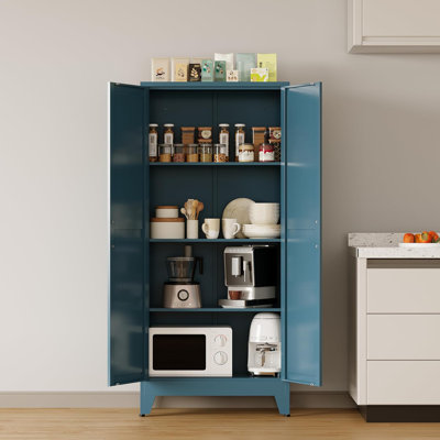Metal Storage Cabinet, 61 In Tall Metal Cabinet With 3 Adjustable Shelves And Barn Doors, Farmhouse Cupboard Storage For Kitchen Pantry Garage, 4-tier Peacock Blue