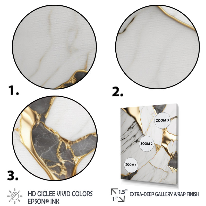 «Abstract Geode Marble White and Gold I», reproduction sur toile 3 pièces, Toile tendue, H 28 po x l 36 po x P 1 po