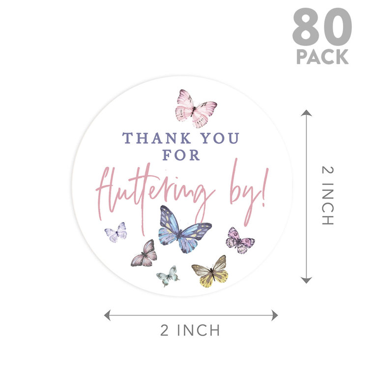 Koyal Wholesale Kids Party Favor Thank You Stickers, 80-Pk 2-Inch Round Butterfly Birthday Stickers for Party Favors, White