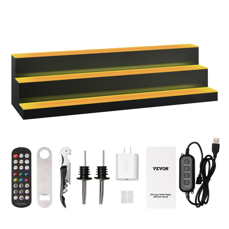 VEVOR LED Lighted Liquor Bottle Display Bar Shelf RF & App Control 30" 3-Step, 10" H x 40" W x 12" D