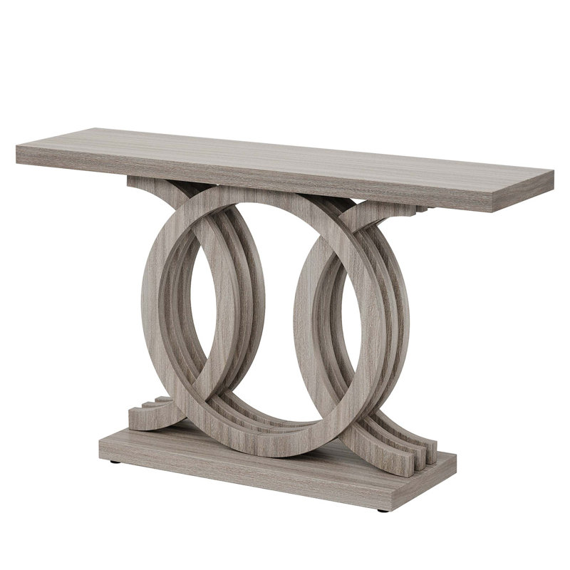 55” Farmhouse Console Table With Geometric Wooden Base, Rustic Entryway Sofa Table