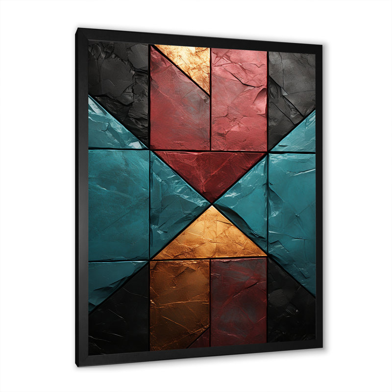 Carreaux de chevron bleu et rouge Elegance II - art mural abstrait, H 32 po x l 24 po x P 1 po, Cadre photo noir
