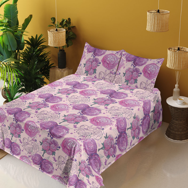 Ambesonne Watercolor Botany Sheet Set 4 Pcs Retro Boho Bloom, California King Sheet Set with 2 Pillowcases