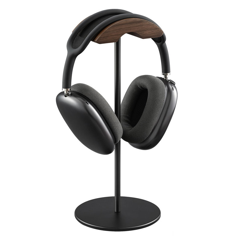 Support pour casque, support pour casque en noyer et aluminium, support pour casque de jeu en noyer naturel avec base solide et solide pour toutes les tailles de casque (noir)