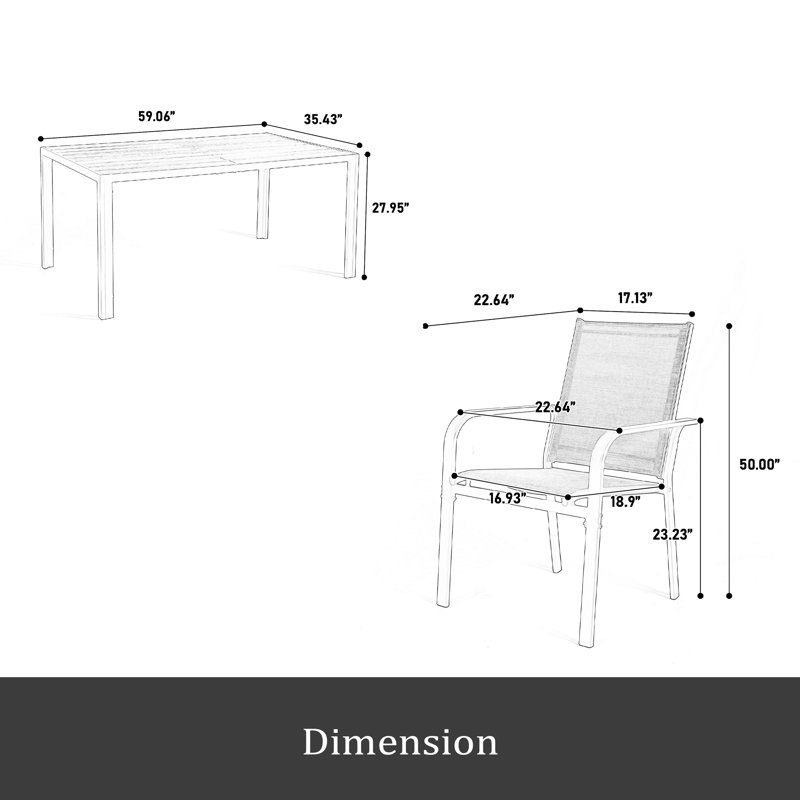 Ensemble de salle à manger de jardin 7 pièces, table de mobilier d'extérieur et 6 chaises en textilène, ensemble de conversation avec table rectangulaire et 6 chaises empilables pour terrasse de jardin
