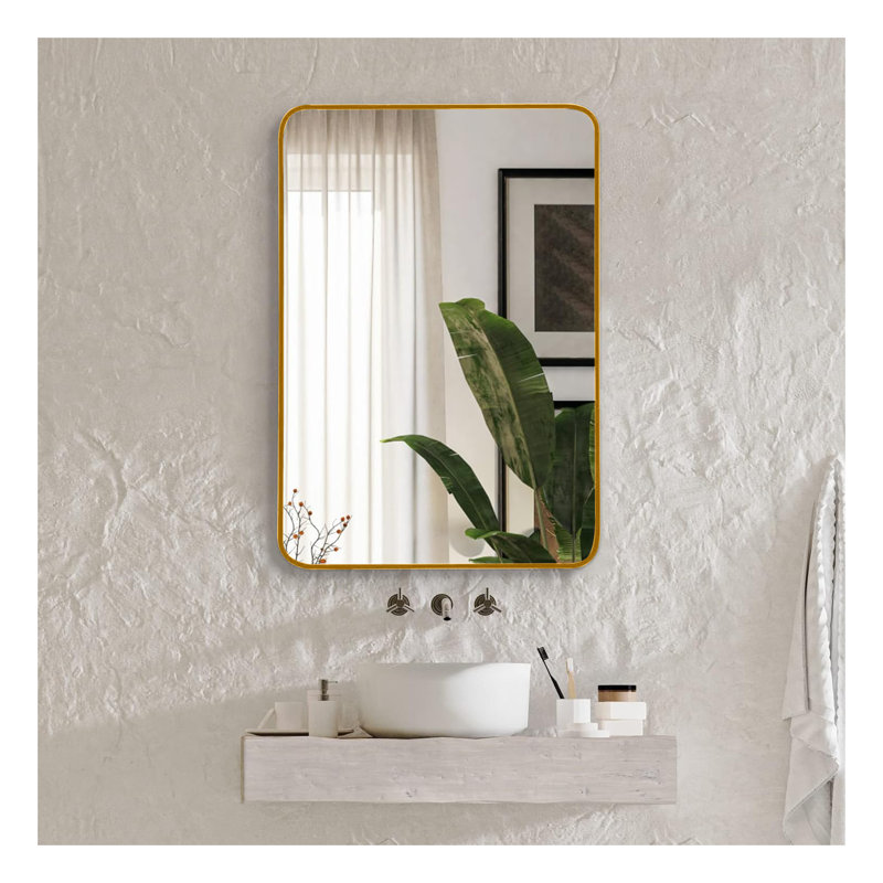 Miroir de salle de bain rectangulaire en métal doré 22 po x 30 po - Miroir décoratif mural en verre HD pour meuble-lavabo