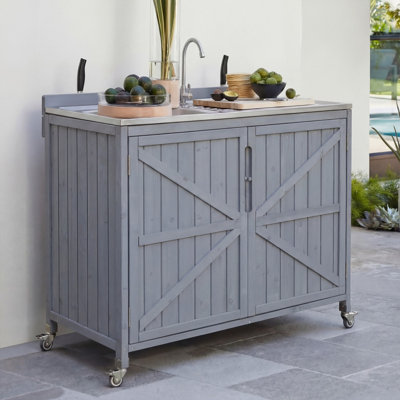 39.4" Outdoor Kitchen Sink with 304 Stainless Steel Basin, Outdoor Cooking and Sink Station with Storage Cabinet & 4 Locking Wheels (Full Plumbing Kit Included)