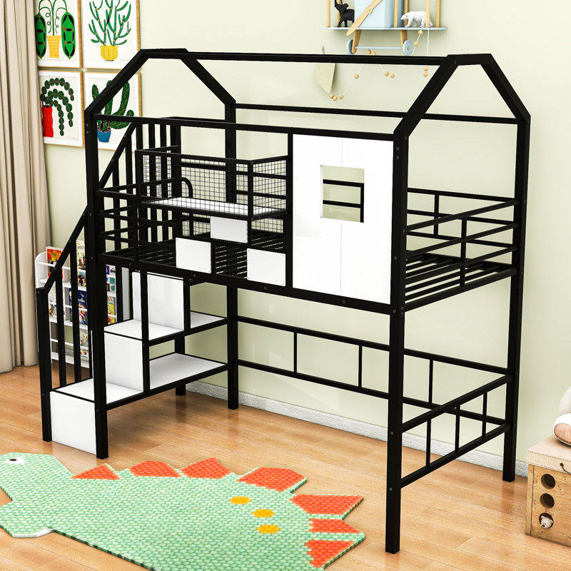 Twin Metal Loft Bed With Roof Design, Black