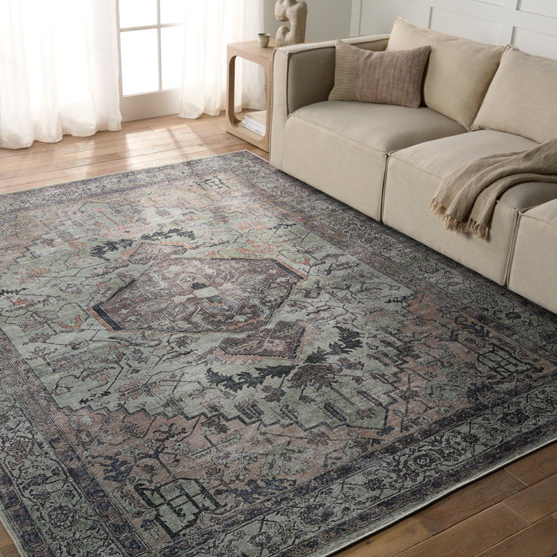 Beesley Machine Washable Green/Dark Brown Rug, Rectangle 10'6" x 14'