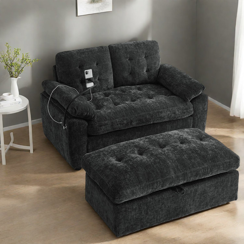 Canapé inclinable réglable double avec repose-pieds de rangement, noir moderne