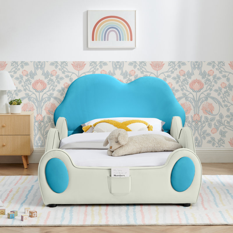 Lit simple mignon en forme de nuage pour enfants en cuir de polyuréthane avec garde-corps, lit de sécurité pour tout-petits avec dessin bleu et beige et poche de rangement