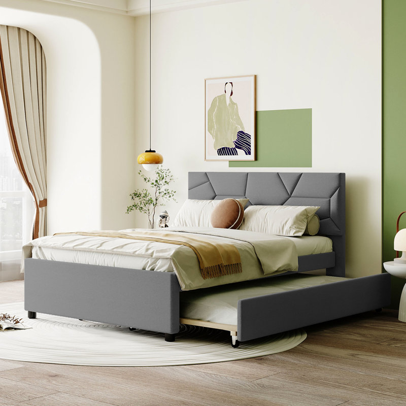 Lit plateforme tapissier avec tête de lit à motif brique et lit gigogne simple en tissu de lin gris pour une détente maximale et un confort maximal