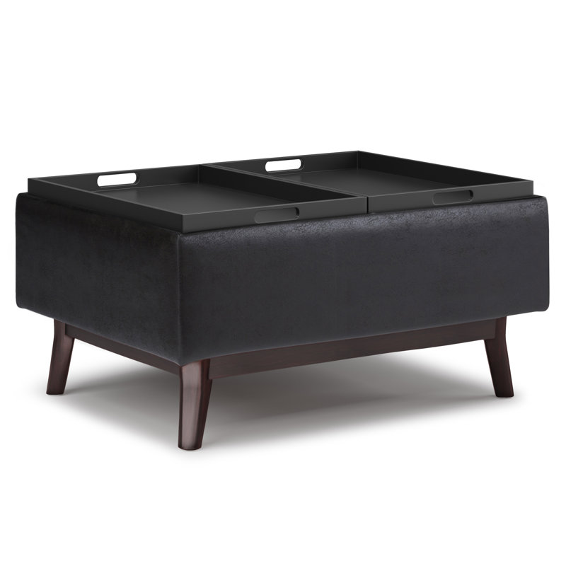 Repose-pieds capitonné rectangulaire Mid-Century avec plateau Owen, Similicuir noir vieilli