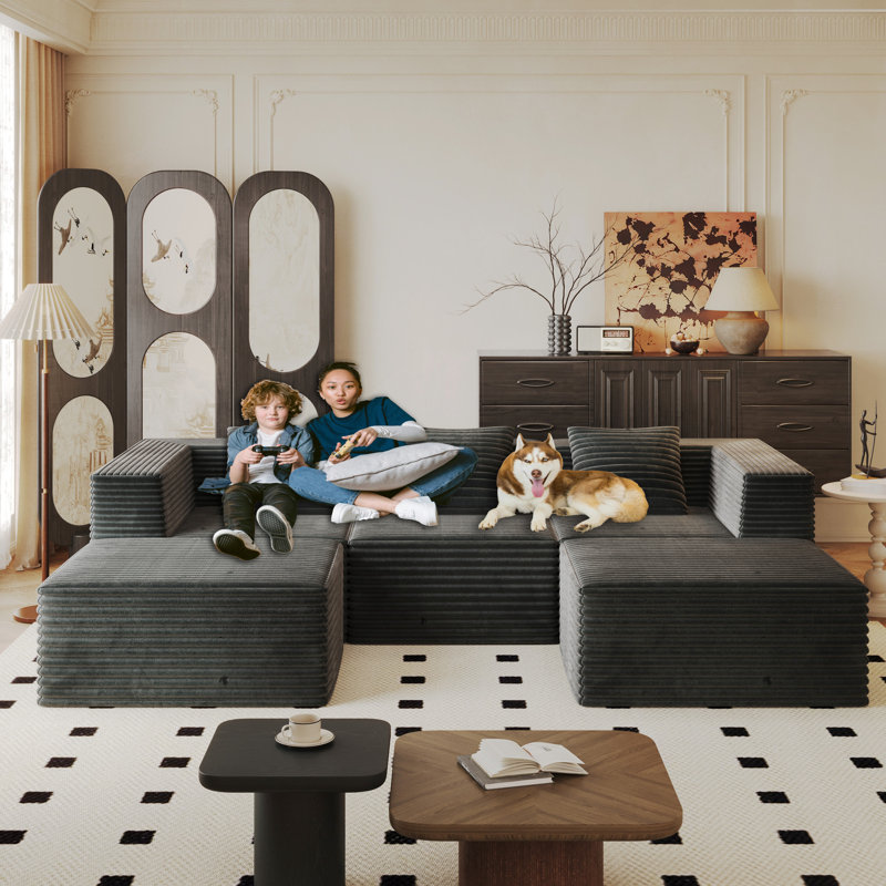 Canapé modulaire modulaire, gris sans os avec 3 sièges et 2 repose-pieds, mousse à mémoire de forme haute densité, assise profonde, velours côtelé, confort pour appartement, installation sans effort et sans assemblage