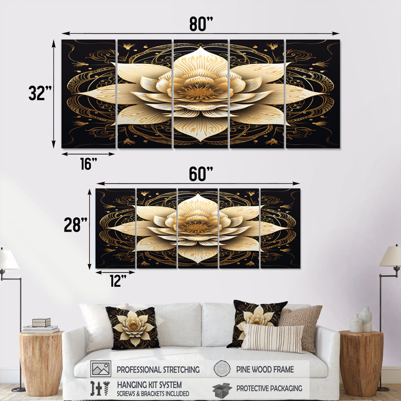 Teagin - lotus 5 pièces d'art mural, H 28 po x l 60 po