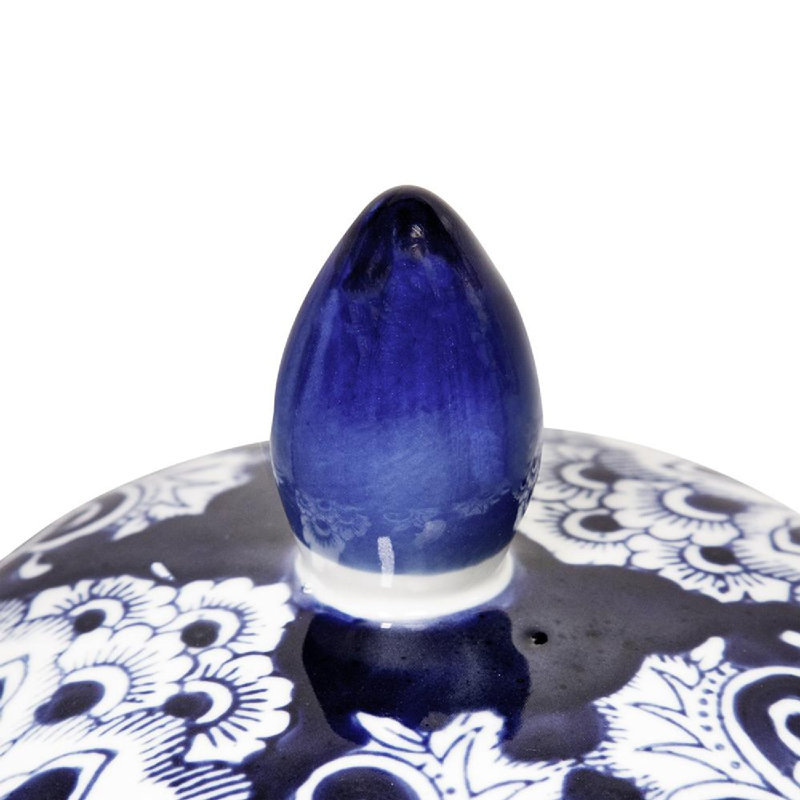 Blue and White Floral Porcelain Ginger Jar with Lid, 17 Inch