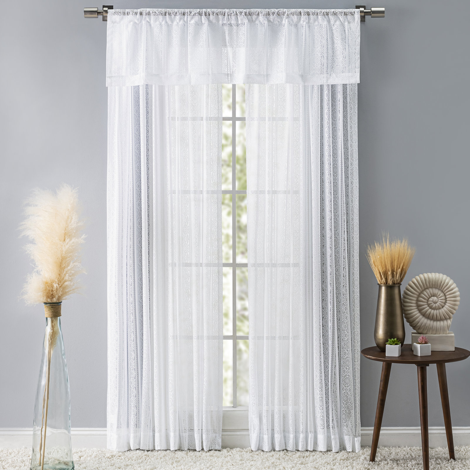 Erial Geometric Lace Semi-Sheer Curtain Panel, White, 54'' W x 96'' L