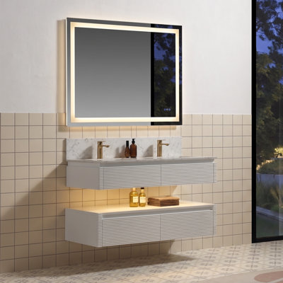 48-Inch White Bathroom Vanity with Engineered Marble Top, Double Undermount Sinks, Soft-Close Drawers