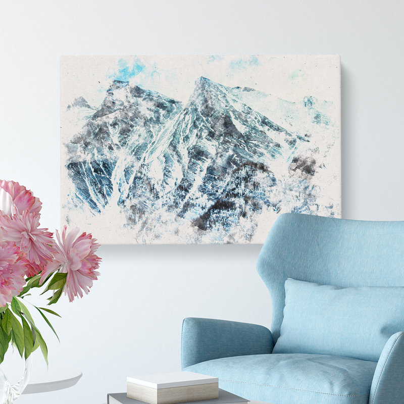 Mountain Tops in Canada Watercolour - Wrapped Canvas, 60cm H x 91cm W x 3cm D