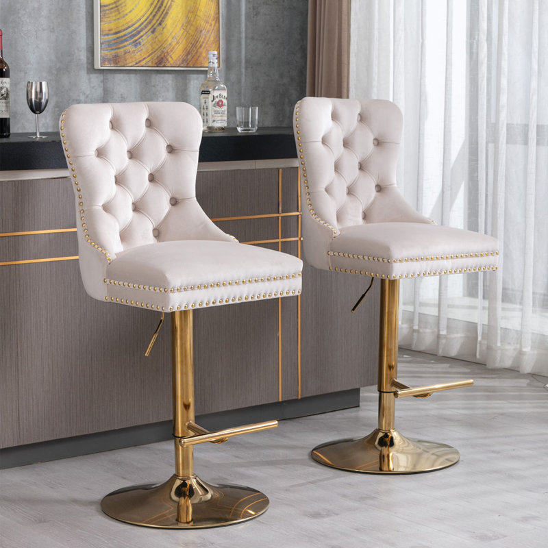Baldock 2PC Swivel Adjustable Height Barstools,Modern Upholstered Stools with Tufted Back, White