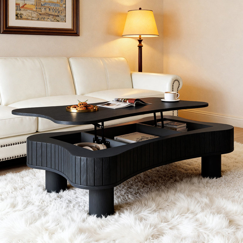 Table basse à plateau relevable pour salon 42 po - Rangement caché à panneau cannelé, relevage hydraulique silencieux, coins de sécurité courbés, assemblage en 5 minutes (l 27 po x H 13 à 18,9 po, noir)