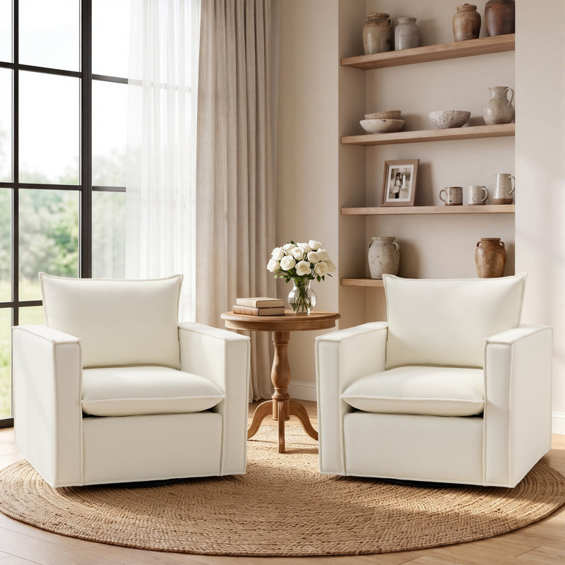 34.2" Wide Upholstered Swivel Accent Armchair, Beige Polyester