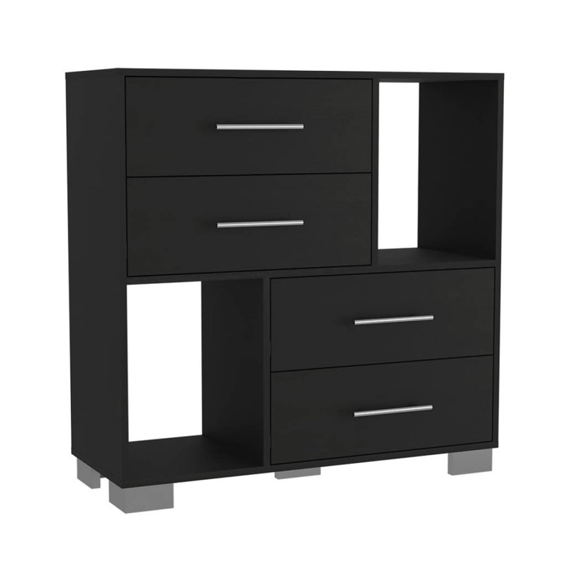 Commode Krista, deux tablettes ouvertes, quatre tiroirs