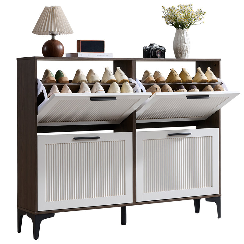 Armoire de rangement cannelée à 4 tiroirs cannelés, noyer et blanc, 1 pièce, Walnut/White