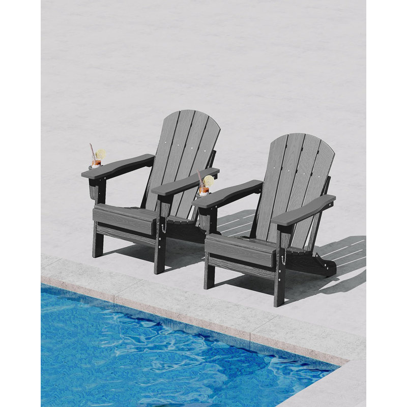 Set of 2 Folding Adirondack Chairs, HDPE Wood-Grain Patio Chairs with Cup Holders, All-Weather Resistant, Grey for Deck, Garden, Fire Pit