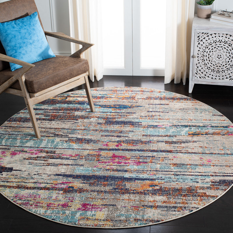 Riccio Abstract Grey/Turquoise/Brown Area Rug, Round 5'