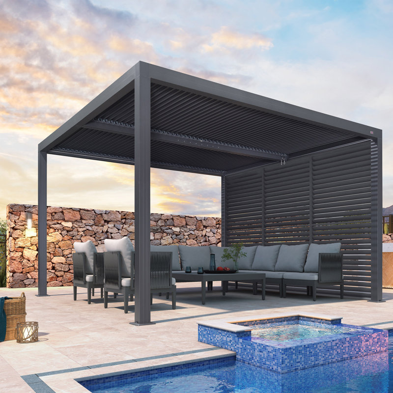 Purple Leaf Louvered Pergola 94as Outdoor Aluminum Pergola With Fixed Shutter Wall Adjustable Roof For Deck Backyard Grey Hardtop Gazebo, 1 Long Side
