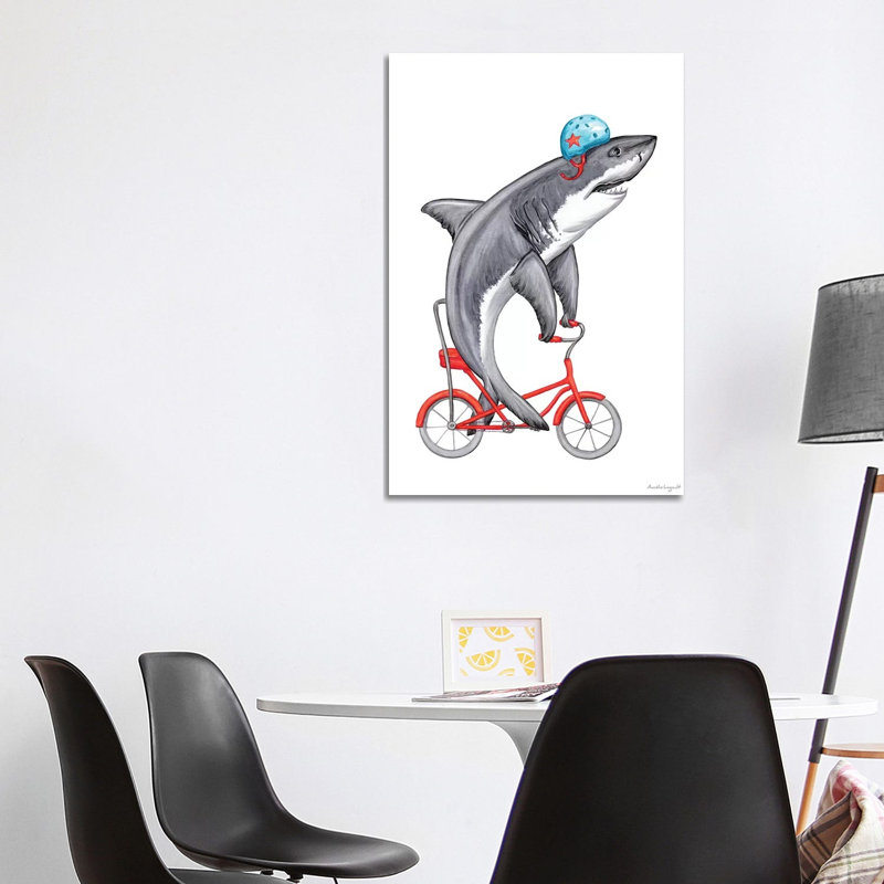 Shark On Bike by Amélie Legault - Painting on Canvas, 101.6cm H x 66.04cm W x 1.91cm D, Wrapped Canvas