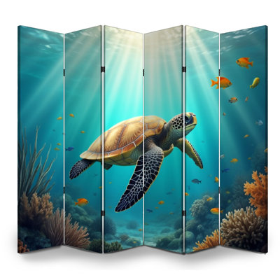 Cloison pliante 6 panneaux paravent Tortue royale sous-marine nageant éclatant Toile corail Séparateur de pièce Cloison de protection autoportante Cloison d'intimité