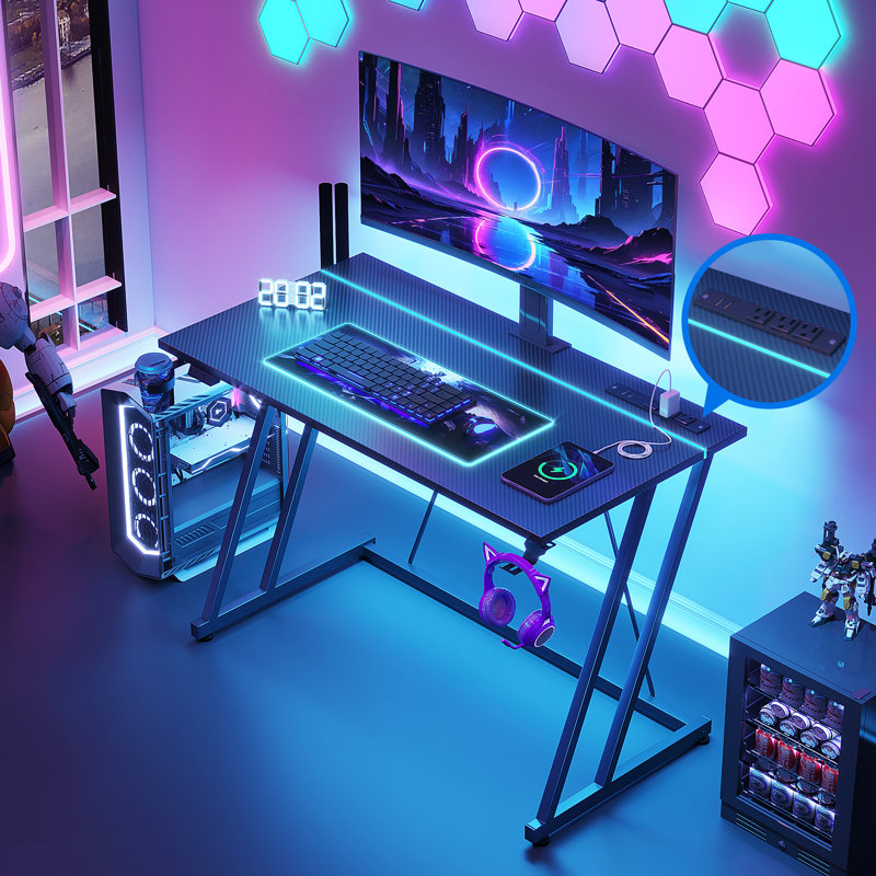 Gaming Desk With Recessed Led Lights, Computer Desk With Reversible Led Lights Controller, Home Office Desk With Built-in Power Outlets,writing Desk With Cup Holder And Iron Hook