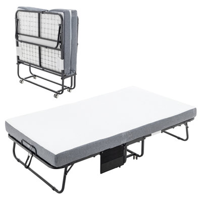Folding Bed Cot With Mattress For Adults, Foldable Metal Frame Bed For Guest With Memory Foam Mattress On Wheels, Saving Space Rollaway Bed