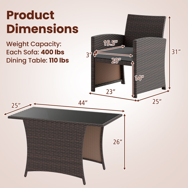 Ensemble bistro en résine tressée 3 pièces pour balcon avec table à manger en verre trempé, de couleur marron et gris.