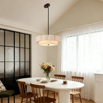 17.7" Modern Drum Chandeliers, 3-Light Pendant Light Fixture With E26 Bases, 2-Layer Flower-Round Fabric Shade Chandeliers For Dining Room, Bedroom, Living Room, Kitchen, Foyer