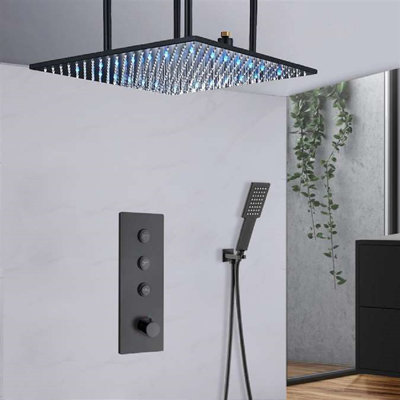 BathSelect Gaeta 20" Matte Black Thermostatic Ceiling Mount Mist Rainfall Shower System with Square Handheld Shower