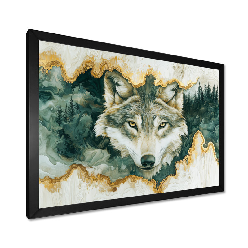 Loup dans la forêt d'hiver, rivière à encre II - loup, décoration murale, H 12 po x l 20 po, Noir