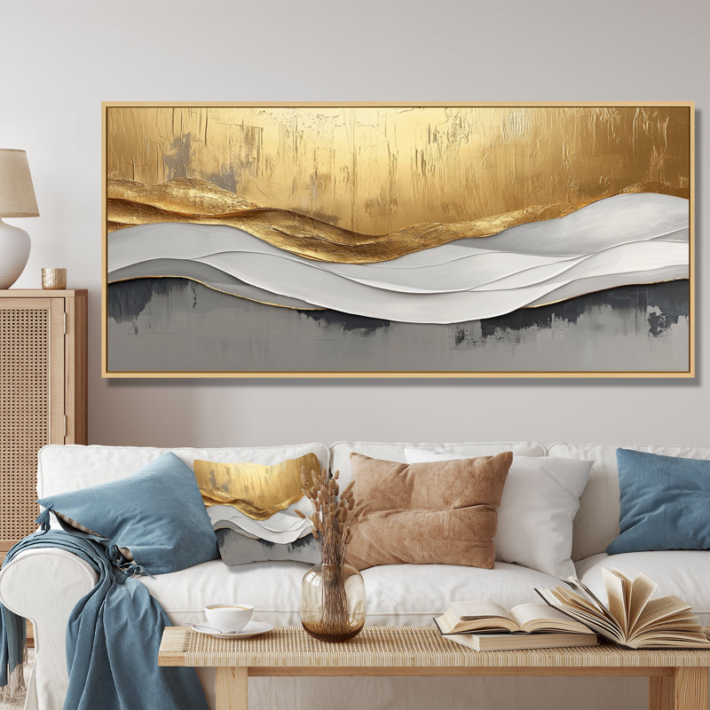Oplis V - Abstract Large Wall Art, H 28 po x l 60 po, Cadre flottant, Crème, crème