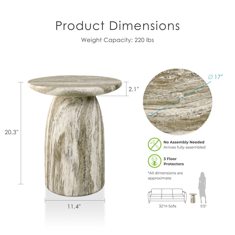 Fulcher Stone-Like 17" W Pedestal End Table with Travertine Effect, Gray Travertine