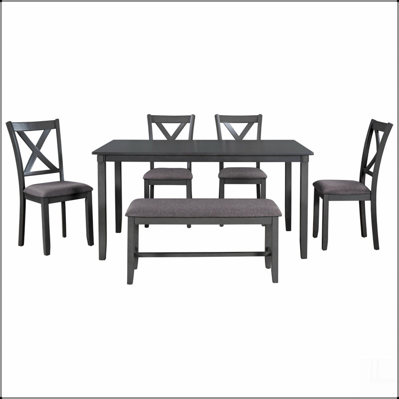 Ensemble de table de salle à manger 6 pièces, table rectangulaire, 4 chaises et banc