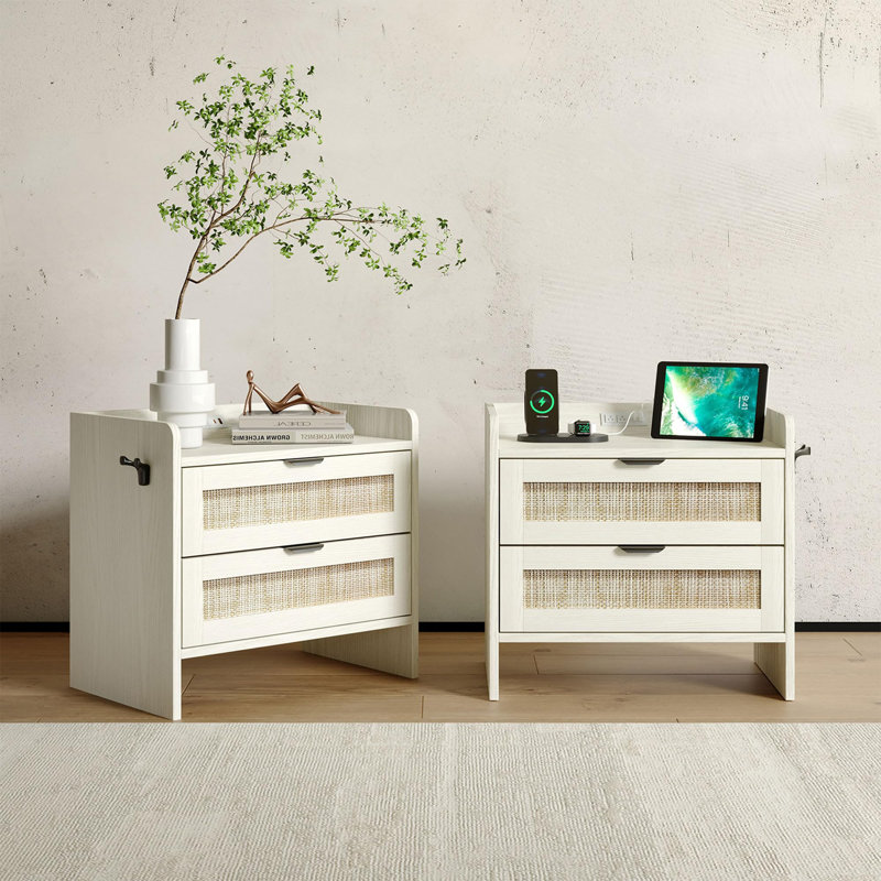 Rattan Nightstand Set of 2, Bedside Table with Type-C Charging Station - 2 Drawer Space, Boho End Table Side Table, White