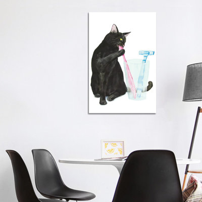 Black Cat Brushing Teeth by Alexey Dmitrievich Shmyrov - Wrapped Canvas Gallery-Wrapped Canvas Giclée